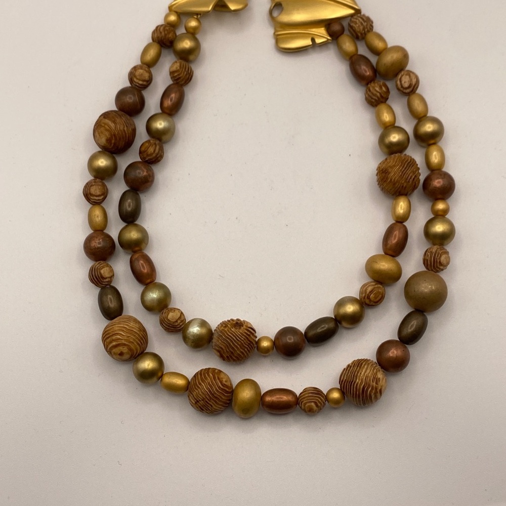 Couture Givenchy Leaf Necklace 80s Bold Faux Brown Wood Beaded GOLD TONE - Picture 8 of 8